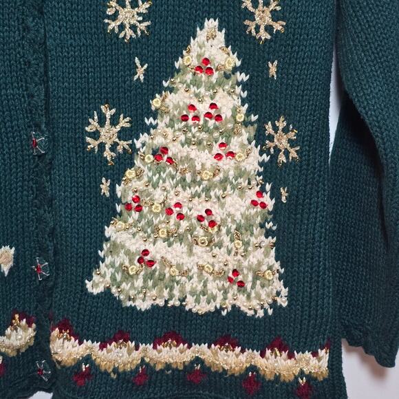Vintage Holiday Cardigan Cute Sweater Embroidered Dark Green Women's Size Large - Picture 5 of 9